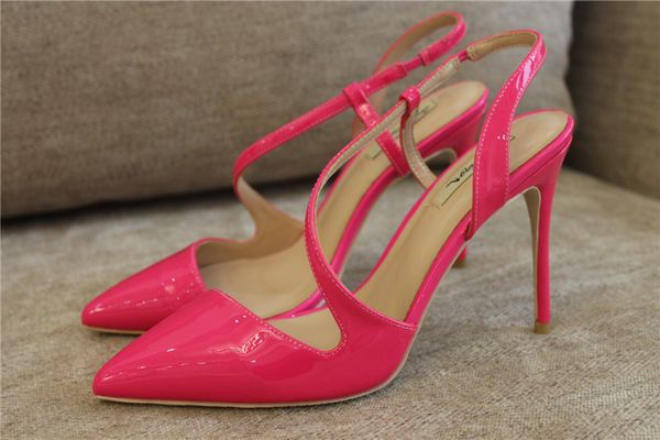 

women lady woman 2019 fuchsia patent leather poined toes wedding heels stiletto high heels shoes pumps slingback sandals 12cm, Black