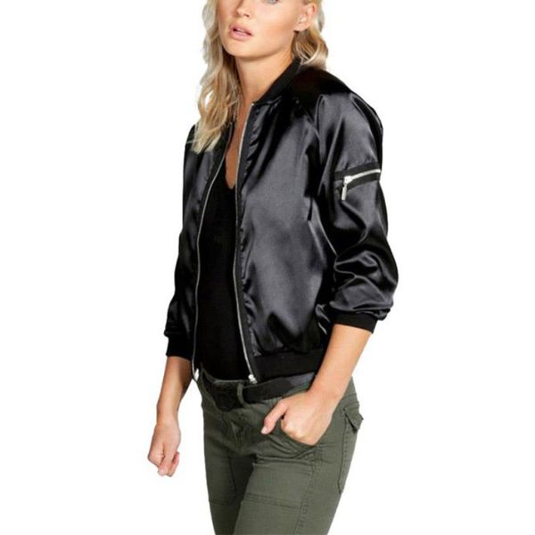 

2018 new arrival autumn satin bomber stand collar coats zipper long sleeve casacos baseball outwear 3164, Black;brown