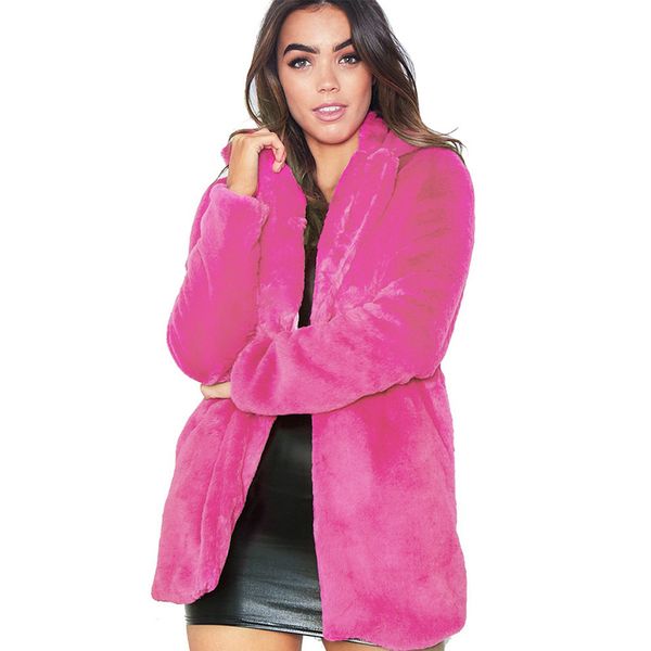 

2018 winter jacket women fleece cardigan faux fur long coat open front notched collar thicken warm jacket loose outerwear ladies, Black