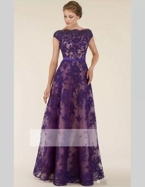 

modest purple lace mother of the bride dresses a line boat neck short sleeve with pearls godmother dress long mother groom gown, Black;red