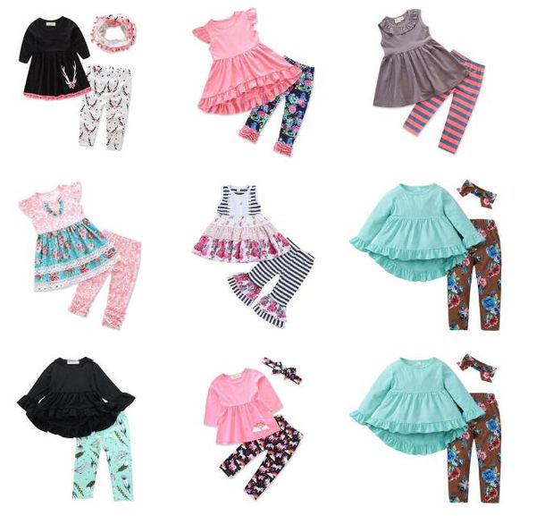 

baby girls back to school outfits 30 designs pants headbands scarfs bunny striped unicorn flora big sisiter kids clothing sets by0373, White