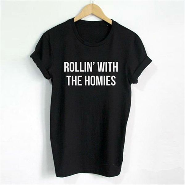 

letter print rollin's with the homies cotton casual funny t shirt for lady, White
