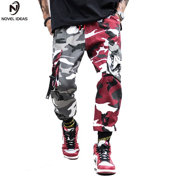 

two-tone camouflage pants cargo pants men skateboard bib overall camo combat camouflage style straight trousers us size, Black