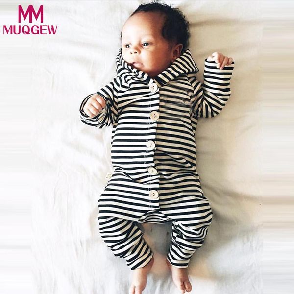 

muqgew newborn infant baby boy girl hooded romper button striped jumpsuit clothes, Blue