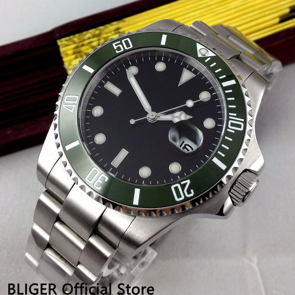 

special bliger 43mm black dial super luminous sapphire glass green ceramic bezel miyota automatic movement men's watch men b301, Slivery;brown