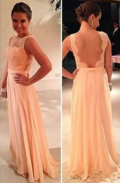 

Wholesale Peach Prom Dresses Sheer Lace Chiffon A-line Pageant Gowns Bateau Open Back Floor Length Bridesmaid Party Gowns
