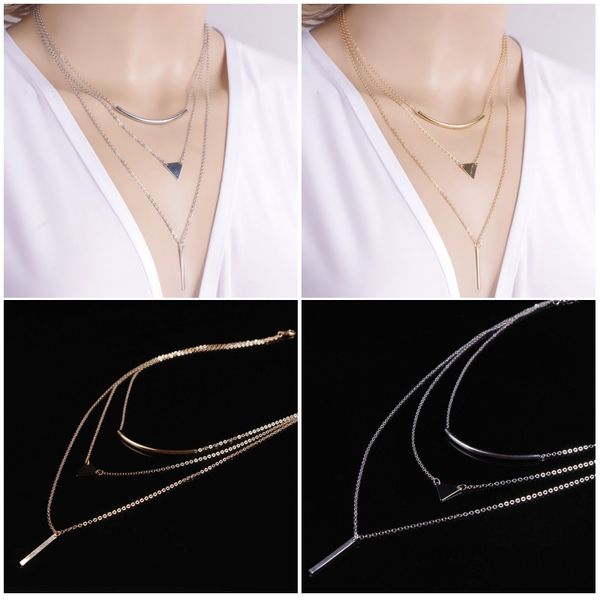 

2018 fashion street long square sequins triangular pendant necklace metal strip exquisite multilayer clavicle chain g45l, Silver