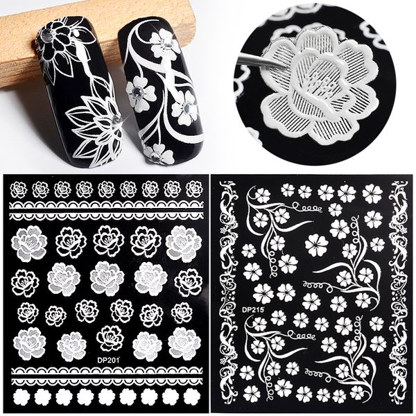 

3d mix white floral design nail art stickers sticky function on the back nail decals manicure beautiful accessories decoration, Black