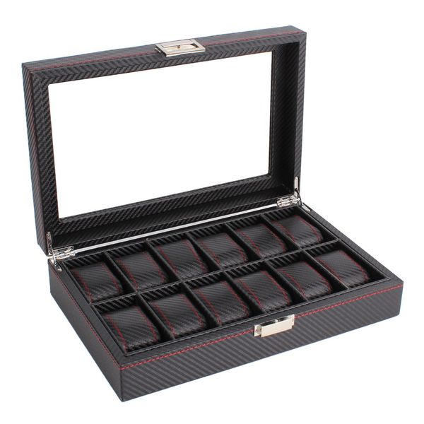 

outad 12 slots carbon fiber watch box jewelry watch display storage holder rectangle black leather case, Black;blue