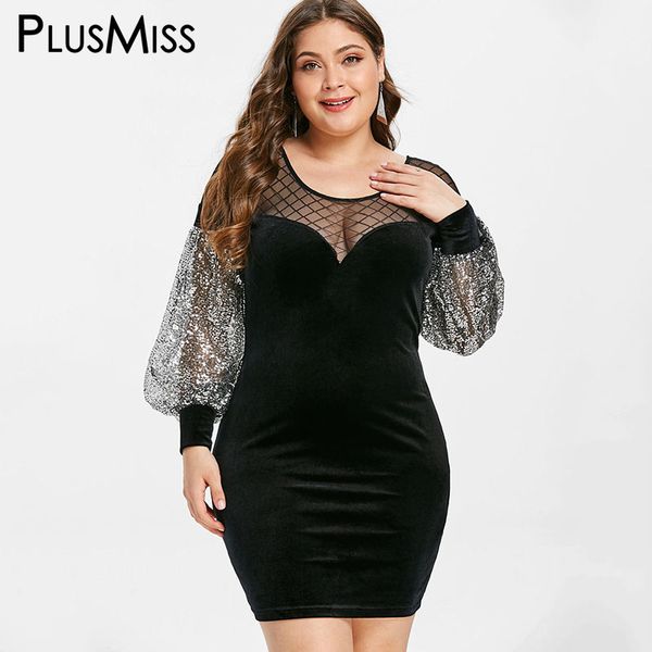 

plusmiss plus size mesh sequin see through evening party dresses 5xl xxxxl xxxl velvet bodycon mini short night club dress, Black;gray