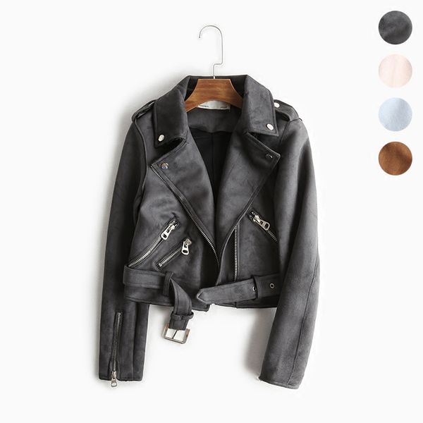 

leather suede jackets women faux leather jacket for women's moto outerwear jacket belt/stud jaqueta couro biker leren jas coats, Black