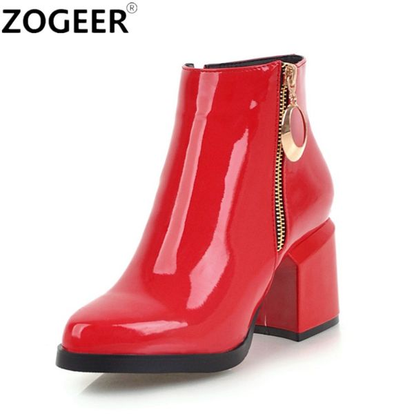 

brand spring winter ankle boots fashion square high heels motorcycle boots patent leather ladies wedding shoes black red