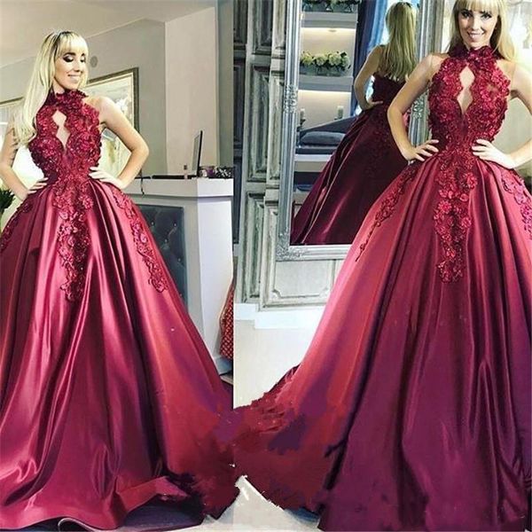 

Gorgeous Burgundy Prom Dresses 2018 Vintage High Neck Keyhole Quinceanera Dresses Satin Floor Length Pageant Gowns with Flowers
