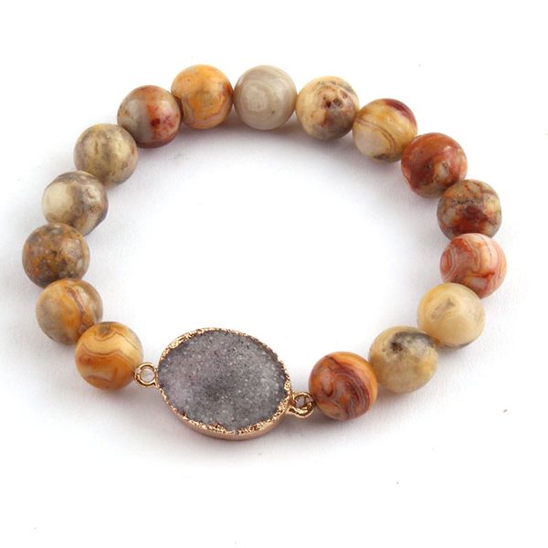 

10mm natural stones bead armband bamboo agat and crazyagatte druzy charm bracelet, Black
