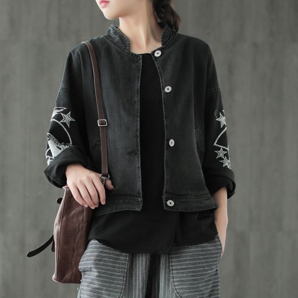 

autumn jackets women fashion casual denim coat new cardigan stand embroidery geometric button female denim jackets 2018, Black;brown