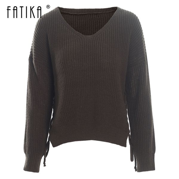 

fatika loose v neck pure color lace up sweaters casual knitted women's clothing spring autumn winter 2018 pullovers sweater, White;black