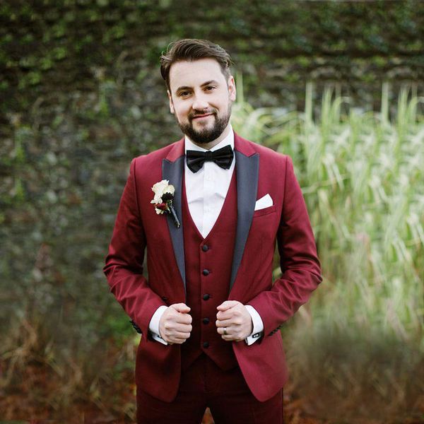 

latest coat pant designs burgundy wedding suits for groom tuxedos slim fit man blazers 3 piece black peaked lapel prom wear bridegroom, Black;gray