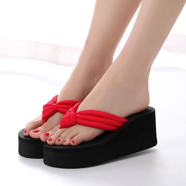 

wholesale beach shoes summer fashion muffin thick-soled slipper flip flops women's casual breathable wedge heels slippers plus size, Black