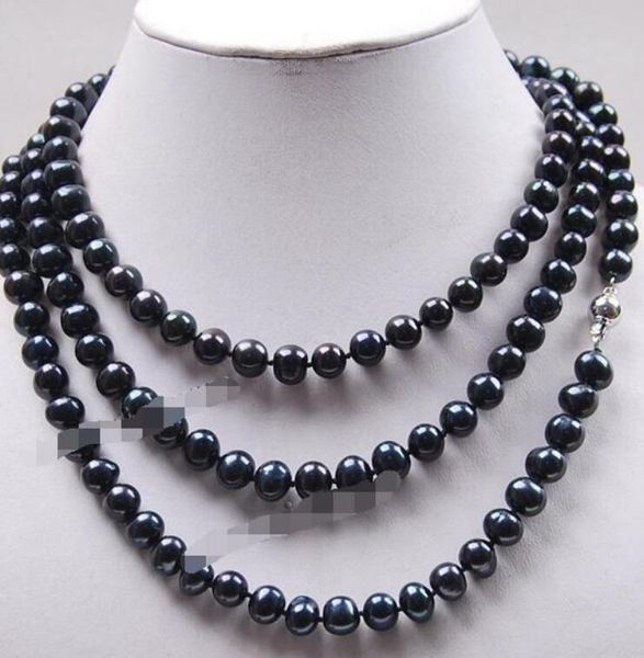 

long 48" 7-8mm black akoya cultured pearl jewelry necklace, Silver