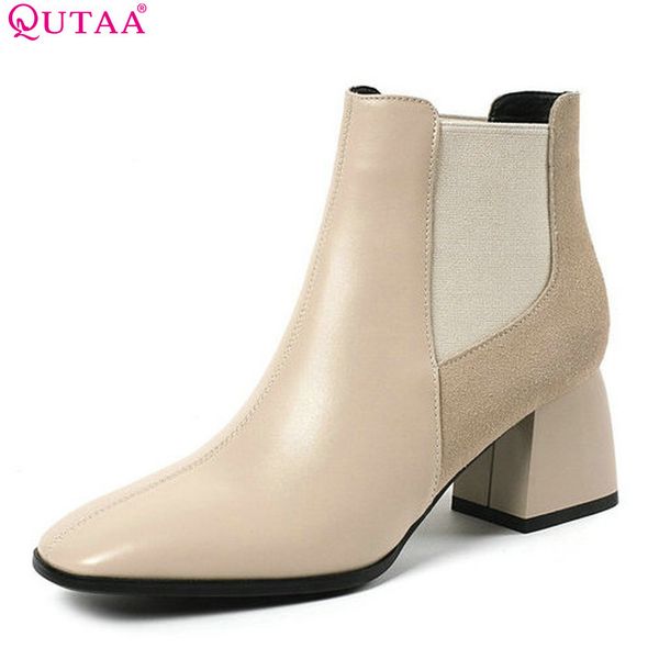 

qutaa 2019 women ankle boots cow leather+pu all match platform solid winter shoes women motorcycle boots big size 34-43, Black