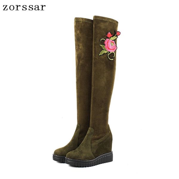 

zorssar} kid suede leather female high boots women over the knee boots high heels platform wedge womens shoes winter snow, Black