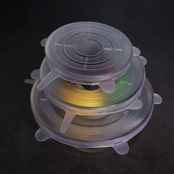 

100 set/lot clear transparent silicone stretch covers 6-pack various of sizes reusable silicone lids for bowl, can, jar