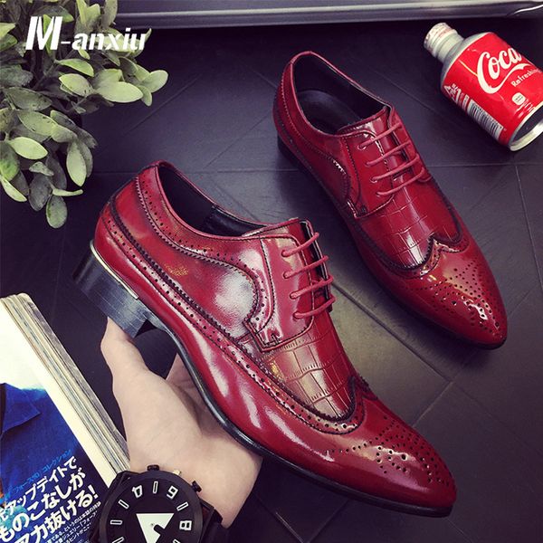 

m-anxiu men casual flat classic men dress genuine leather wingtip carved italian formal oxford plus size 38-48 lace up shoes, Black