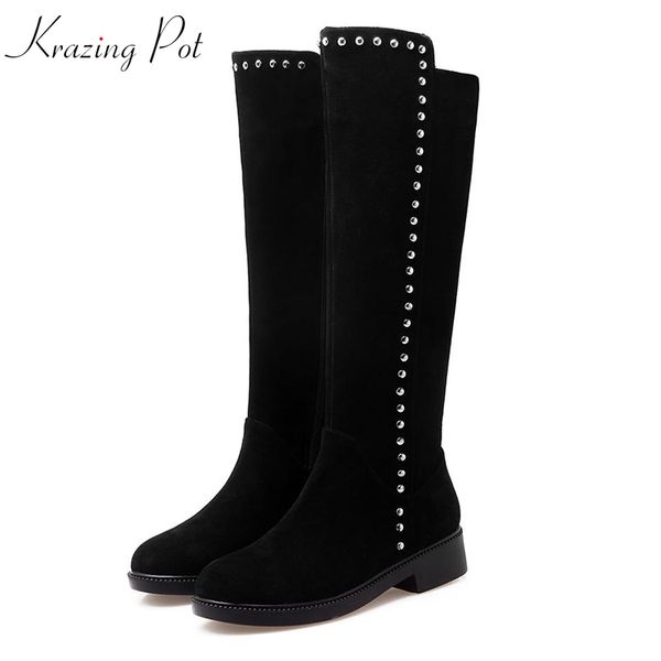 

krazing pot cow suede warm winter streetwear punk metal rivets round toe full grain leather thigh high boots l0f2, Black