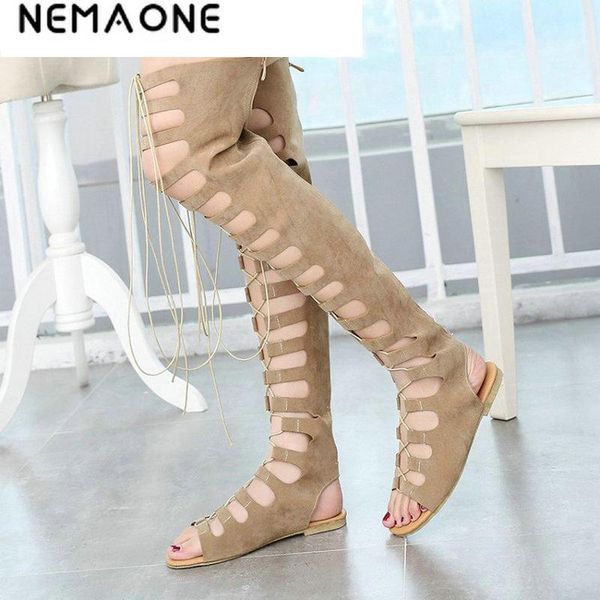 

nemaone 2017 new fashion gladiator women summer boots ladies flats knee high boots leather casual shoes woman summer shoes, Black