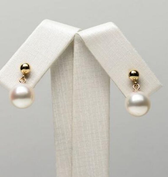 

ing white real akoya cultured pearl ear drop dangle earrings 14k yellow gold 8.5-9mm, Golden;silver