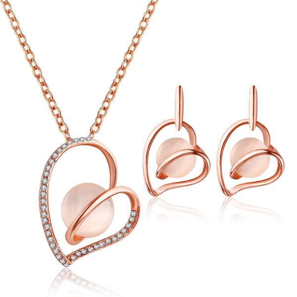 

new fashion trendy jewelry sets copper choker gold heart necklace gift for women boho opal crystal earrings girl, Slivery;golden