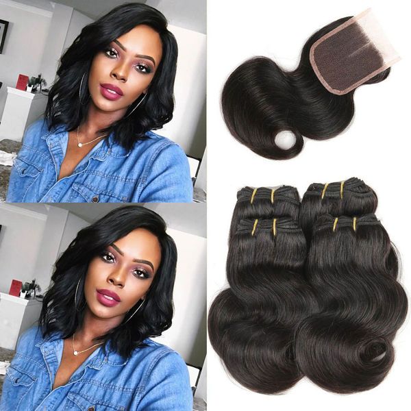 Malaysian Corpo Cabelo Wave 4 Pacotes com laço Encerramento 100% cabelo humano Weave Pacotes com fecho Cabelo Curto extensões Cor Natural