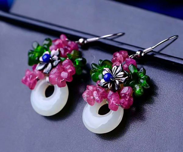 

hetian baiyu silver drop earrings new caibao earrings h22#, Golden;silver