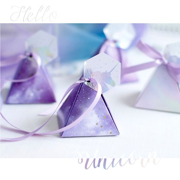 

2019 new purple fantasy stars candy box unicorn pyramid gift boxes wedding favors and gifts happy birthday baby shower girl boy