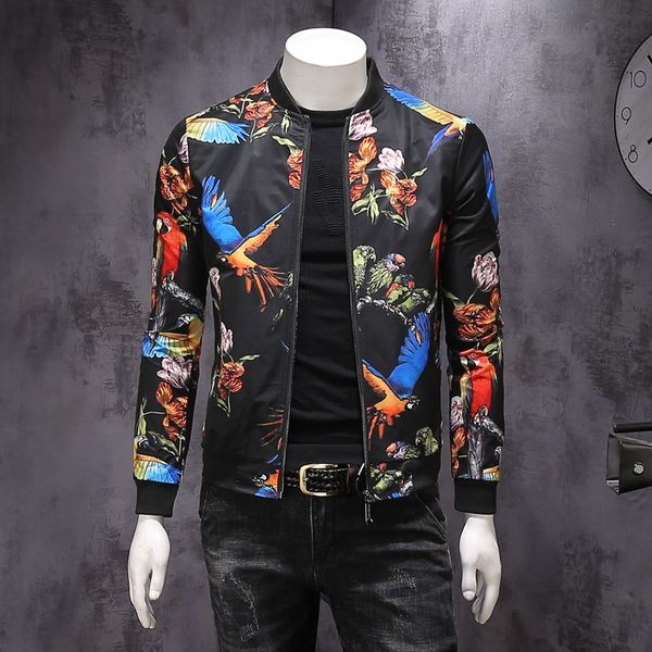 

flower bird jackets 2018 men's autumn new men's suit personality fashion big size baseball collar coat, Black;brown