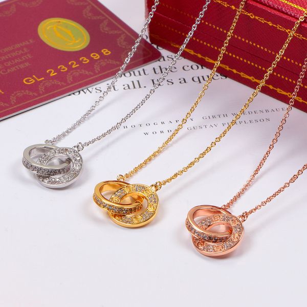 

двойной круг кулон с полным cz алмаз розовое золото серебряный цвет ожерелье для женщин старинные воротник бижутерия с оригинальной коробке, Silver