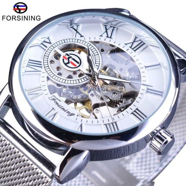 

forsining mechanical wristwatch for men silver stainless steel band fashion retro skeleton clock hook buckle men's watches c18111601, Slivery;brown