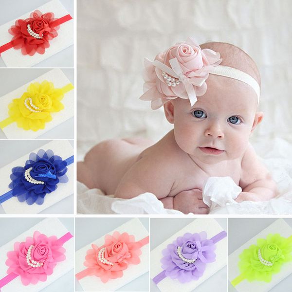 Newborn Baby Girl Elastic Headband Chiffon Flower Pearls Hair Band Accessories
