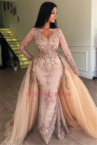 

New Elegant Lace Mermaid Prom Evening Dresses V Neck Long Sleeves Tulle Applique Floor Length Evening Gowns Plus Size bc0179