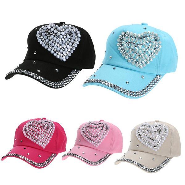 

trendy pearl diamond baseball cap for women 2018 heart shaped pearl caps soft adjustable baseball cap casquette drop shipping, Blue;gray