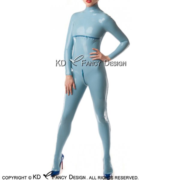 

lake blue latex catsuit with breast zipper feet socks back to crotch zip rubber body suit bodysuit zentai overall lty-0219, Black