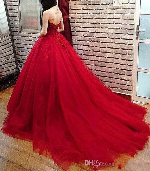 2021 sexy vermelho escuro vestidos de baile ilusão rendas apliques cristal frisado tule inchado plus size formal festa wear oco volta night222e