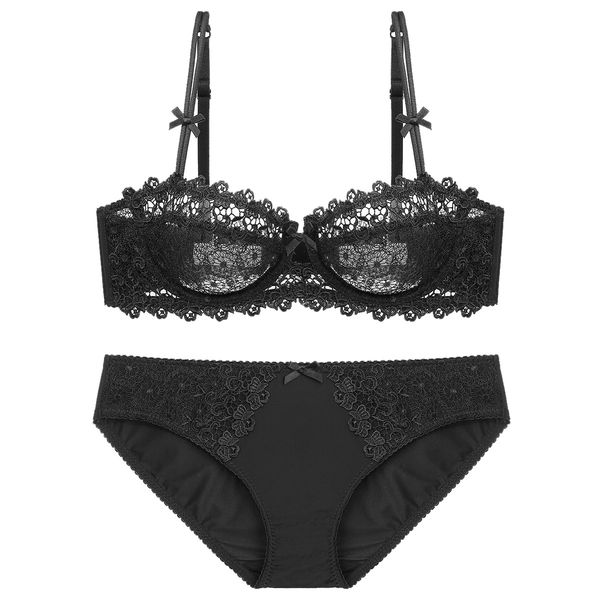 

ultra thin half cup embroidery bra & brief sets womens transparent bras and underwear sets, Red;black