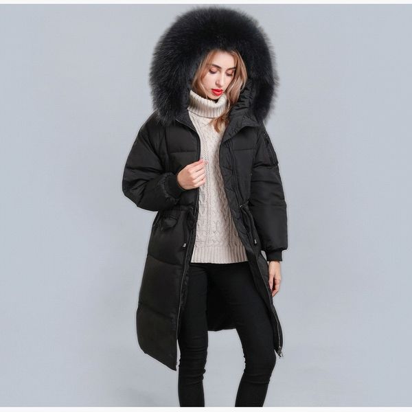 

2018 зима новая корея dongdaemun шнурок талии большой меховой воротник пуховик женский длинный участок толстый пальто большого размера, Black
