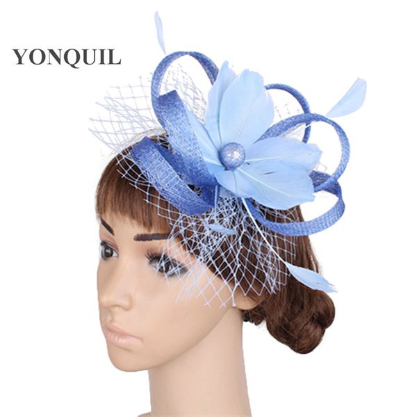 

retail 2018 fashion chapeau loops hat ladies wedding fascinators light blue accessories neat red feather flowers headwear myq090