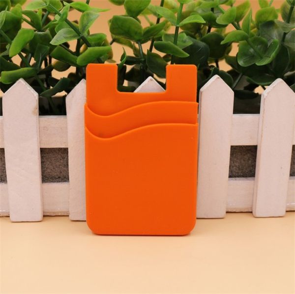 

low moq double card holder cell phone wallet case credit id card holder pocket stick on 3m adhesive with opp bag orange color without logo