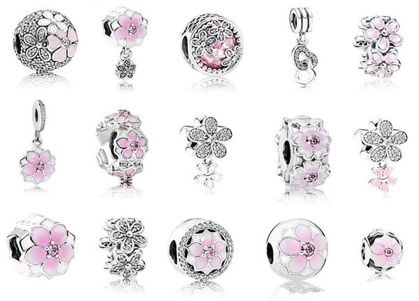 

fits 925 sterling silver bracelet pink enamel magnolia crystal dangle beads charms for european snake charm chain fashion kka1967, Black