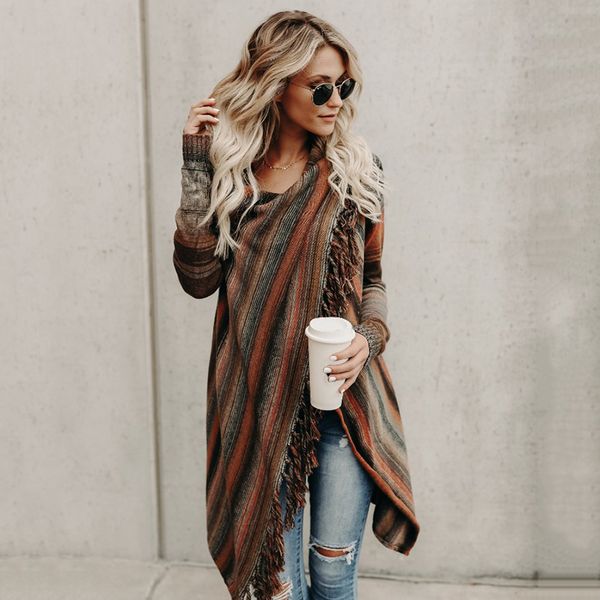 

irregular coat tassel autumn winter knitted cardigan women geometric printed long sleeve loose women's sweaters ws4250v, White;black