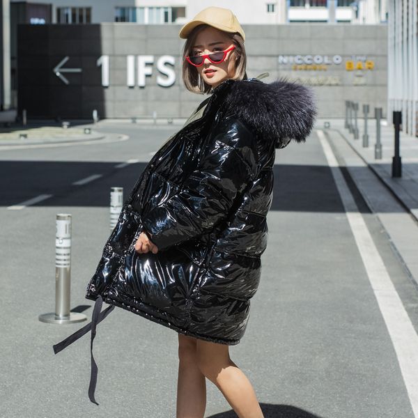 

winter new arrival fashion brand big natural fur hooded duck down parkas winter glossy fabric thicker warm down coat wq522, Black