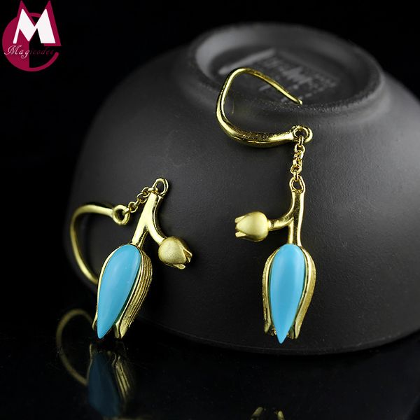 

turquoise gold color drop earrings gemstone jewelry 925 sterling silver earrings for women fine tulip flower se95, Golden;silver